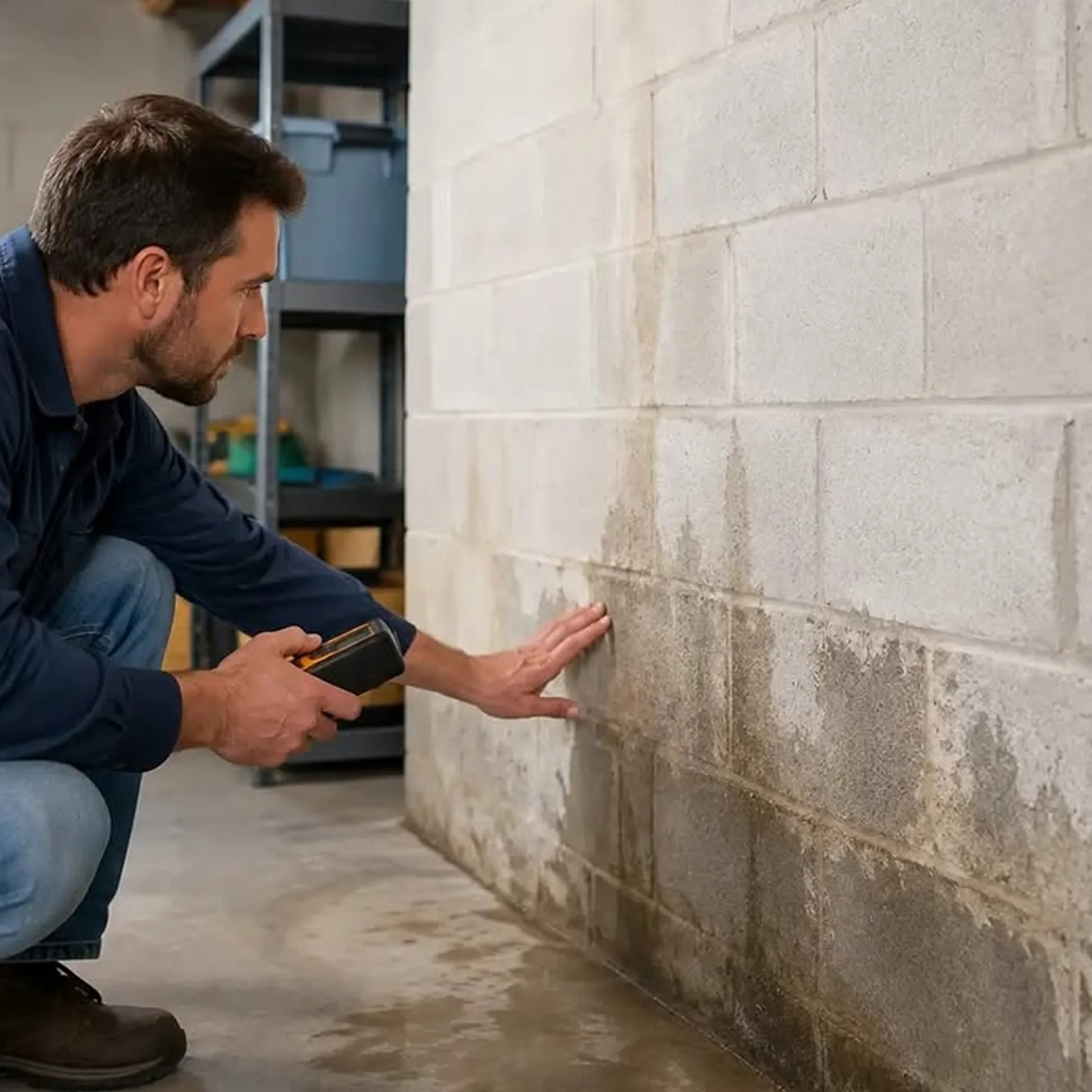 homeowner inspecting moisture damage